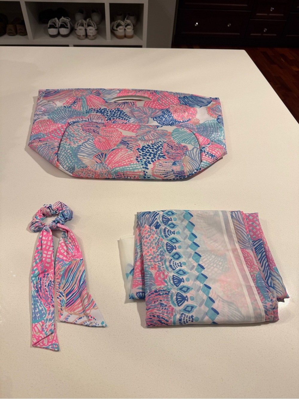 Lilly Pulitzer Pink Blue Multi Print Beach Bag, Scarf and Scrunchie Set